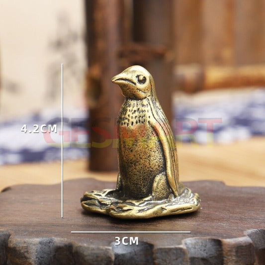 Hand-carved solid copper bronze penguin figurine, unique decorative trinket.