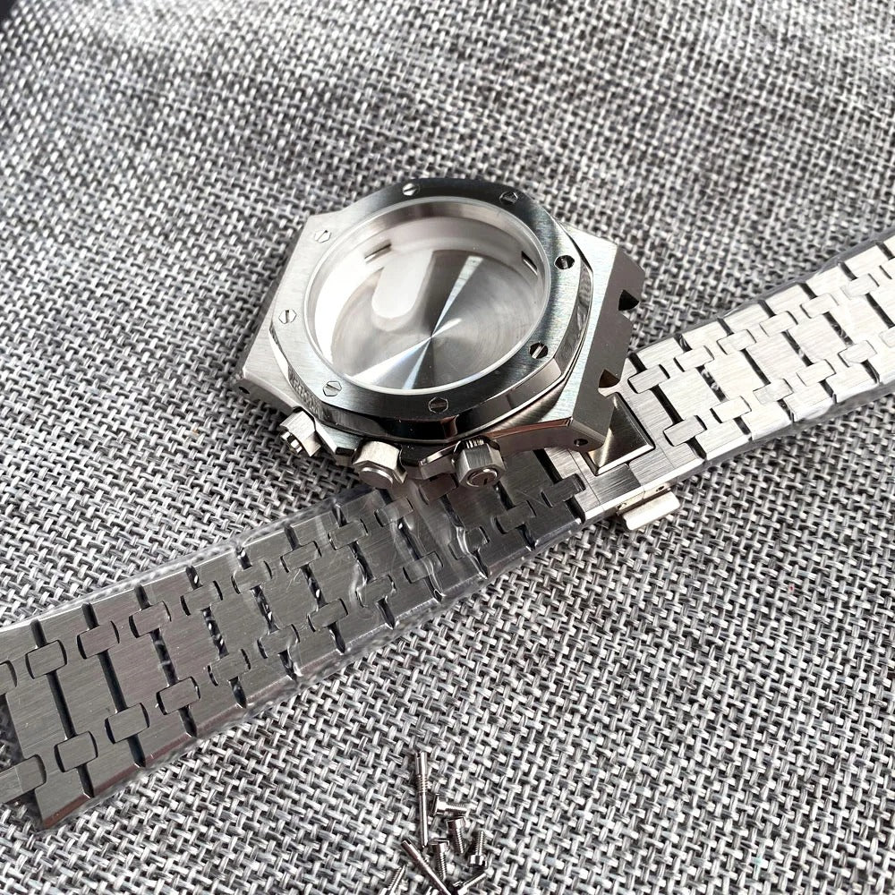316L Steel 42mm square watch case with flat sapphire crystal, waterproof design for VK63 VK64 quartz movements.