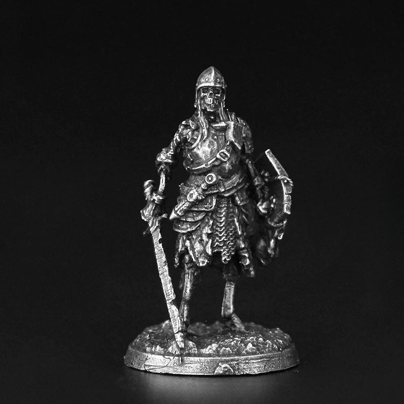 White Brass Figurine Undead Skeleton Warrior Miniature - Standing Sword and Heater Shield
