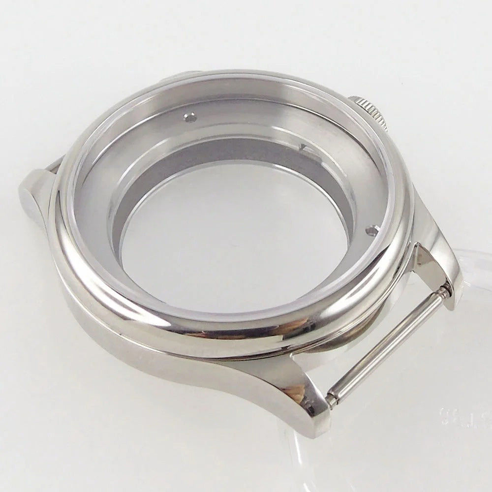 39mm watch case with sapphire crystal back for MIYOTA 8215 automatic movement, durable wristwatch part.