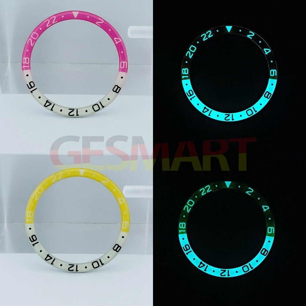 38mm Rose Red and Yellow Resin alloy watch bezel with blue lume, compatible with SKX007 SKX011 models.
