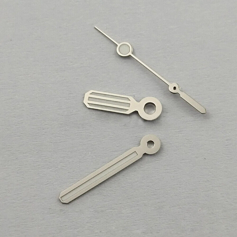 Silver luminous watch hands with trim, compatible with Miyota 8205, 8215, 821A, 2813, 3804 movements.