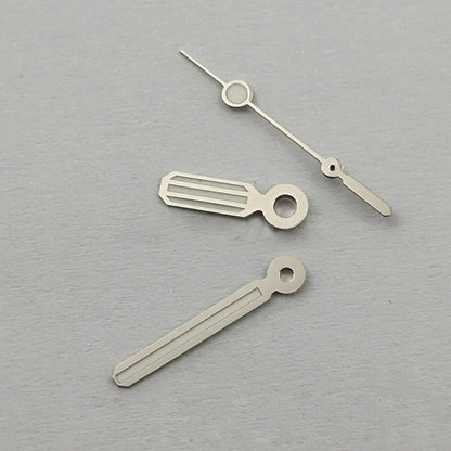 Silver luminous watch hands with trim, compatible with Miyota 8205, 8215, 821A, 2813, 3804 movements.