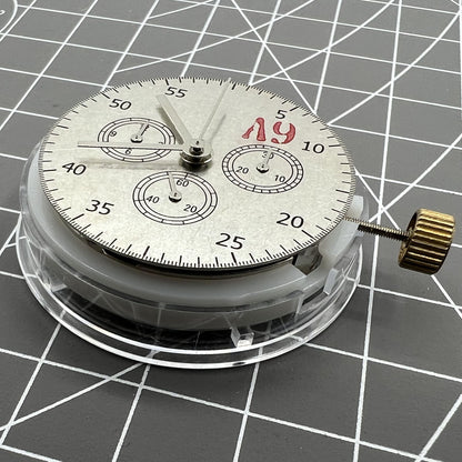 ETA Brand #7750 automatic chronograph watch movement showing detailed subdials at 3, 6, and 9 o'clock positions.