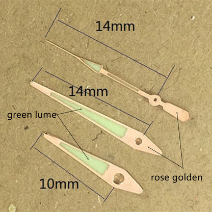 Rose Golden 14mm arrow-shaped luminous watch hands, designed for ISA 2331 with enhanced green glow and precision.