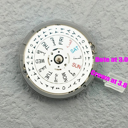 Japan Made NH36 automatic watch movement displaying Arabic date, crown at 3 o'clock, precise and durable mechanism.
