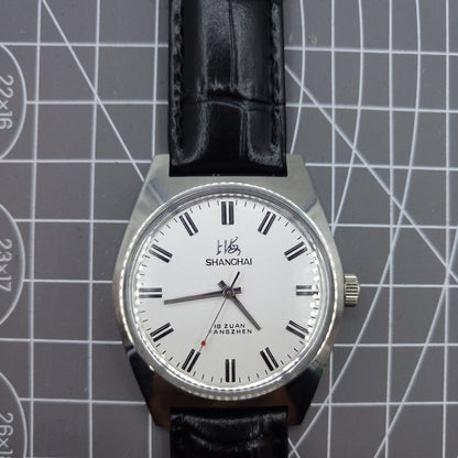 Shanghai Factory 38mm manual mechanical watch with white dial, 3 hands, 19 jewels, classic style.