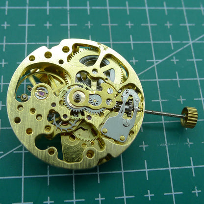 Golden 26.5mm DANDONG 7120 automatic mechanical watch movement with hollow design, precise craftsmanship.