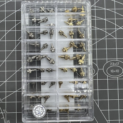 Set of 54 AB-619PCF watch crown chronograph pushers, flat head design for precise button repair.