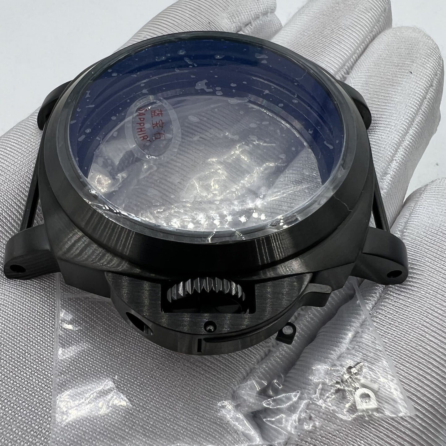 44mm black sapphire glass watch case by 316L steel, fits Seagull ST3600/ST3621 & ETA6497/6498 movements for durable protection.