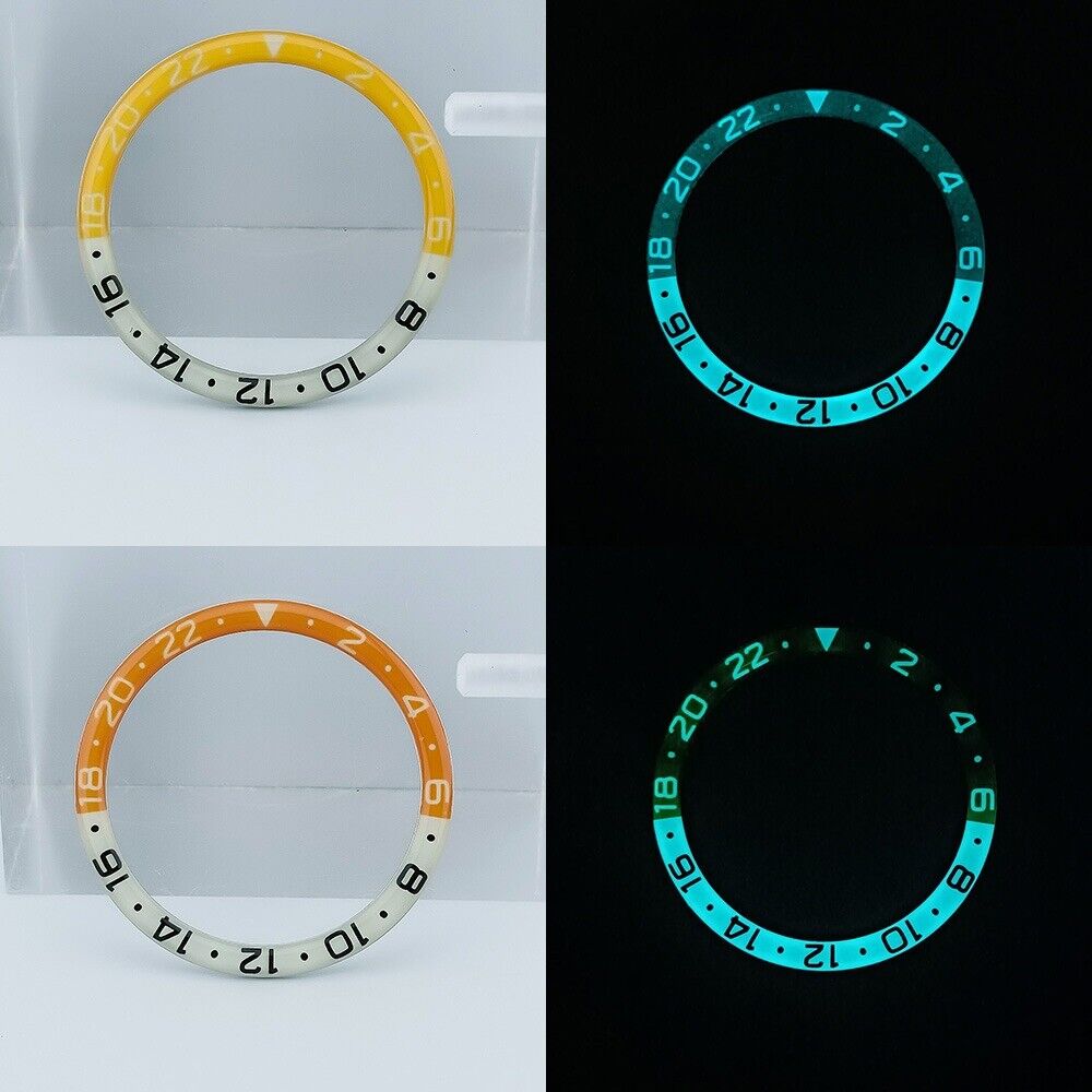 38mm light orange-yellow resin and alloy blue lume bezel for SKX007 SKX011 watches.