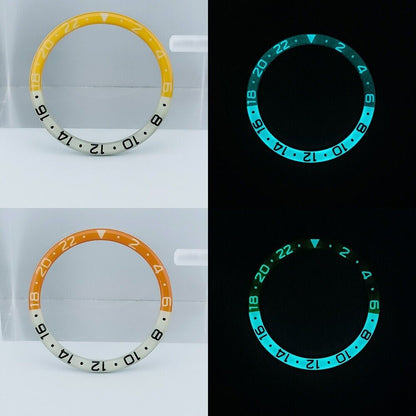 38mm light orange-yellow resin and alloy blue lume bezel for SKX007 SKX011 watches.