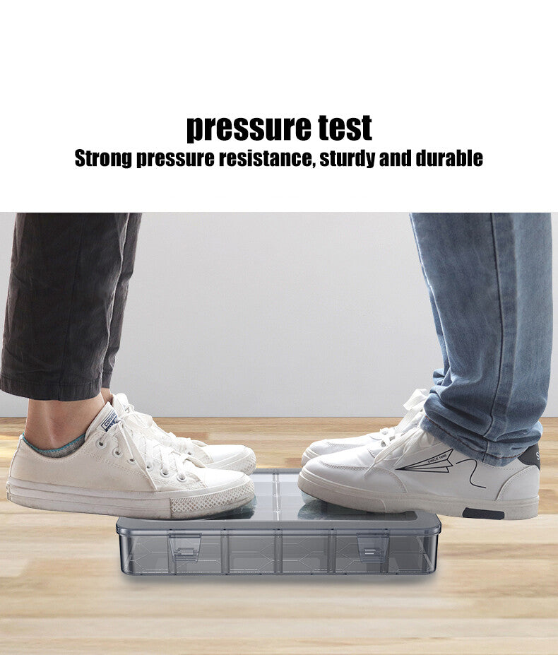 Clear plastic storage container for organizing tools, screws, and jewelry accessories.