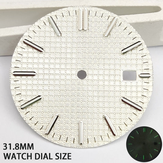 Green lume watch dial with silver trim and white check pattern, compatible with NH35 movement.