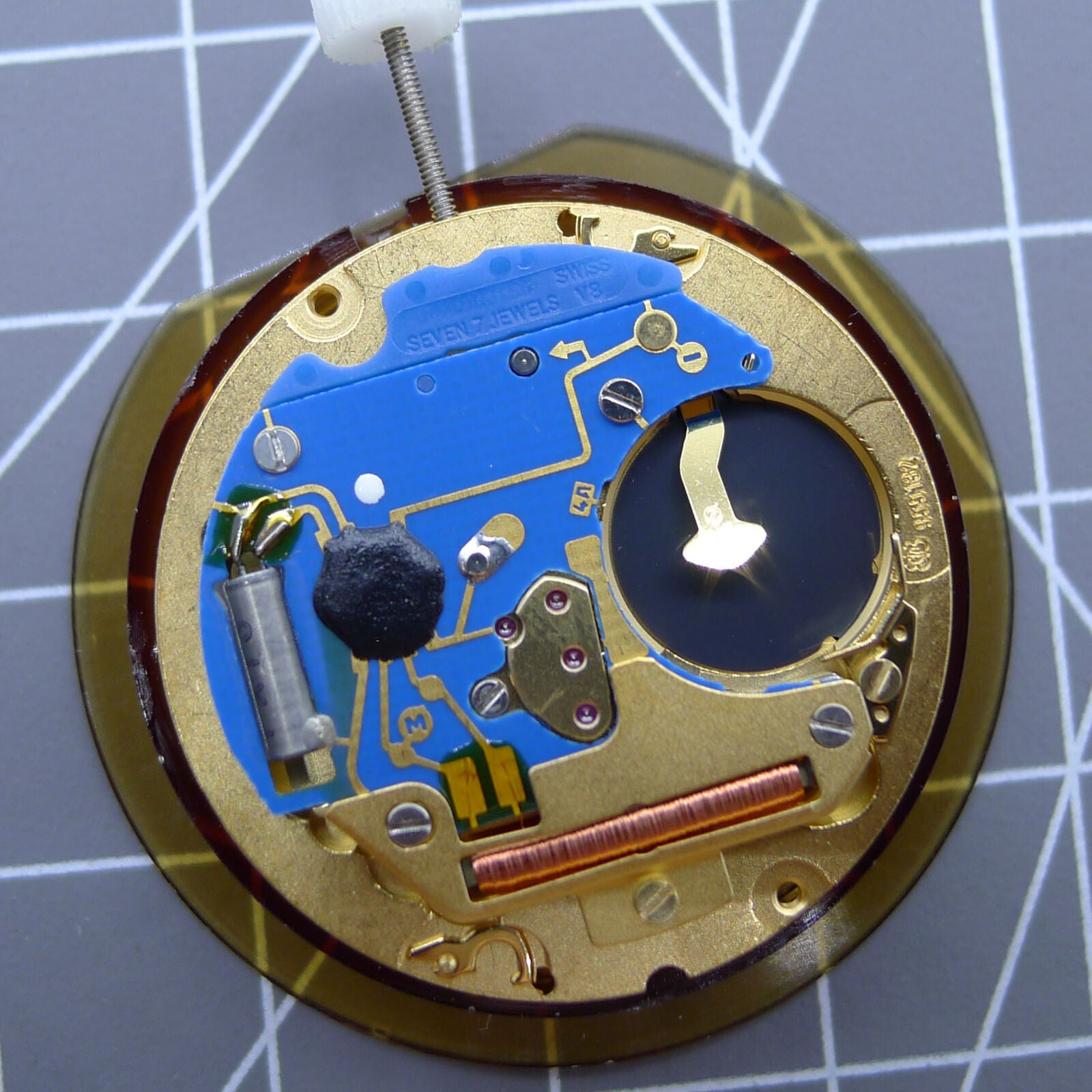 ETA 955.132 Swiss quartz watch movement displaying double calendar with week at 12 and date at 3 positions.