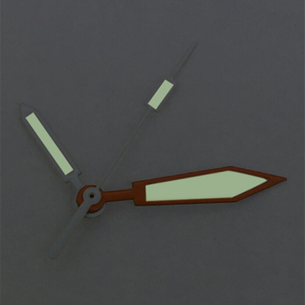 Orange and silver trimmed green lume watch hands for ETA 2836/2846/2824/2846 movements, precision fit.