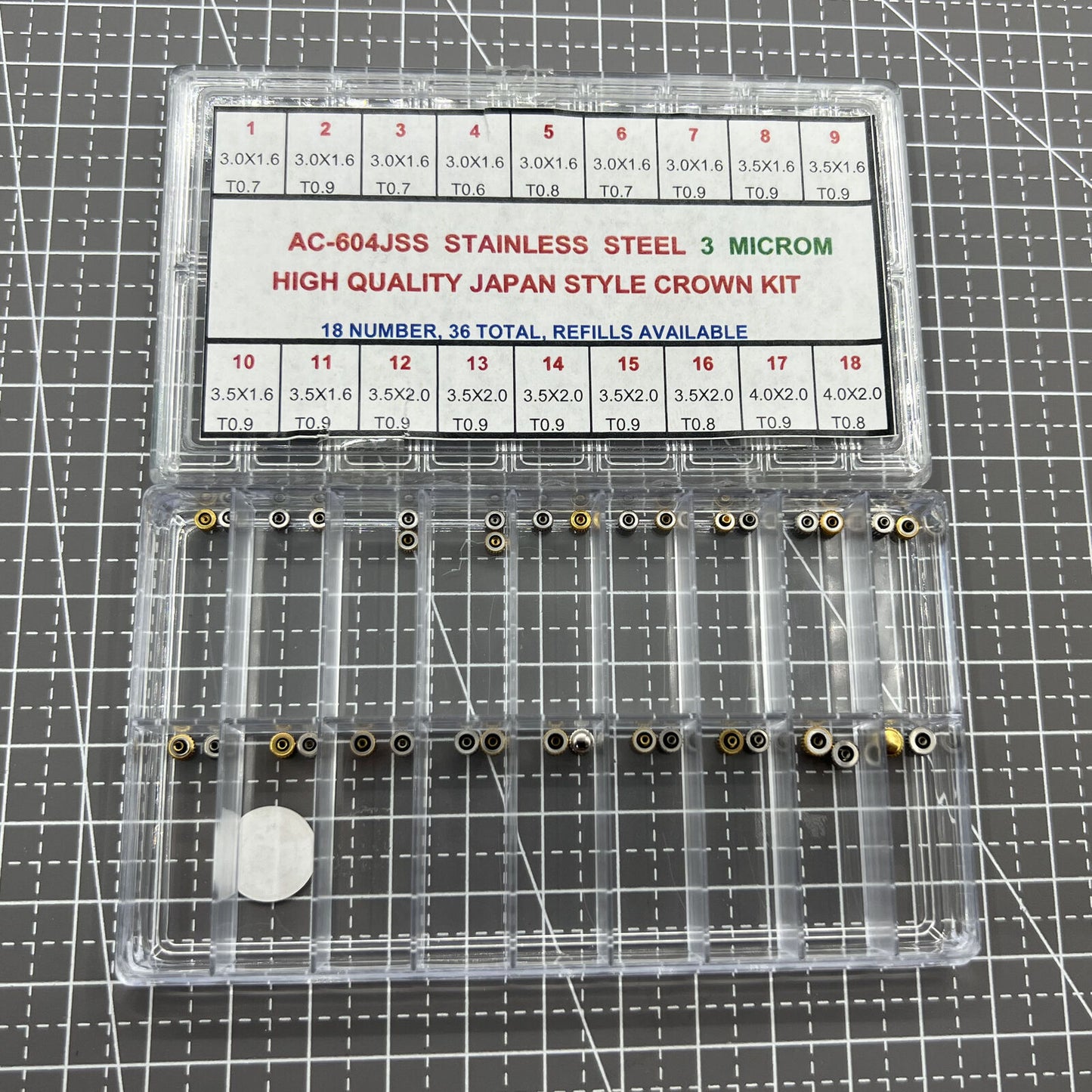 Stainless steel watch crown assortment kit with 36 Japan-style pieces for precise watch repairs.