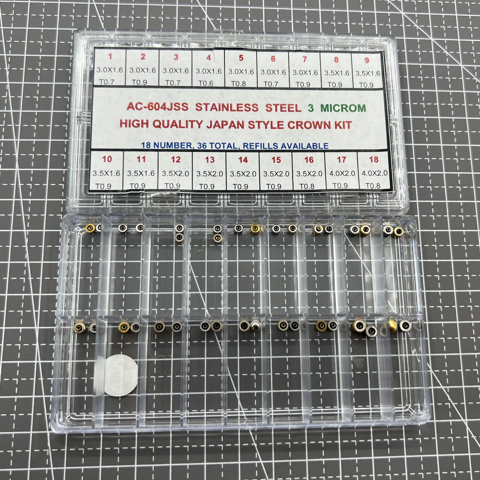 Stainless steel watch crown assortment kit with 36 Japan-style pieces for precise watch repairs.