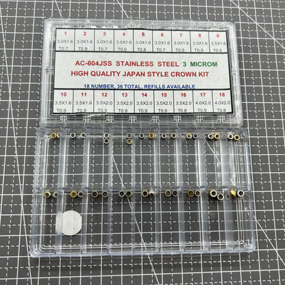 Stainless steel watch crown assortment kit with 36 Japan-style pieces for precise watch repairs.