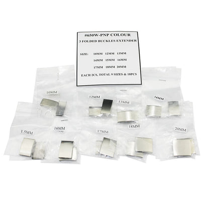 Silver 3-fold watch strap buckle extender, 9 sizes, 18 pieces for adjustable watch bracelets