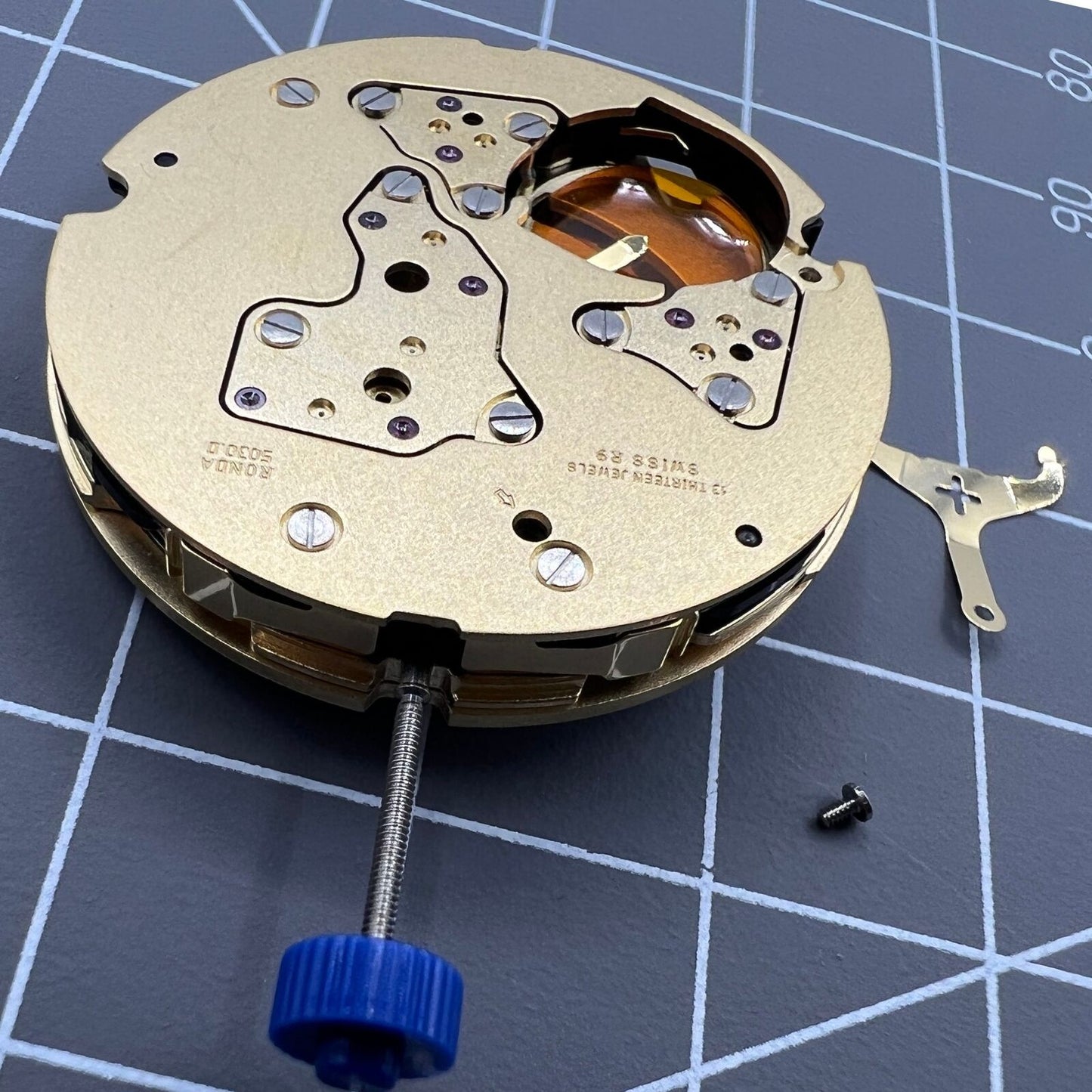 Ronda 5030D Swiss quartz movement with date at 6 o'clock, perfect for precision watch repairs.