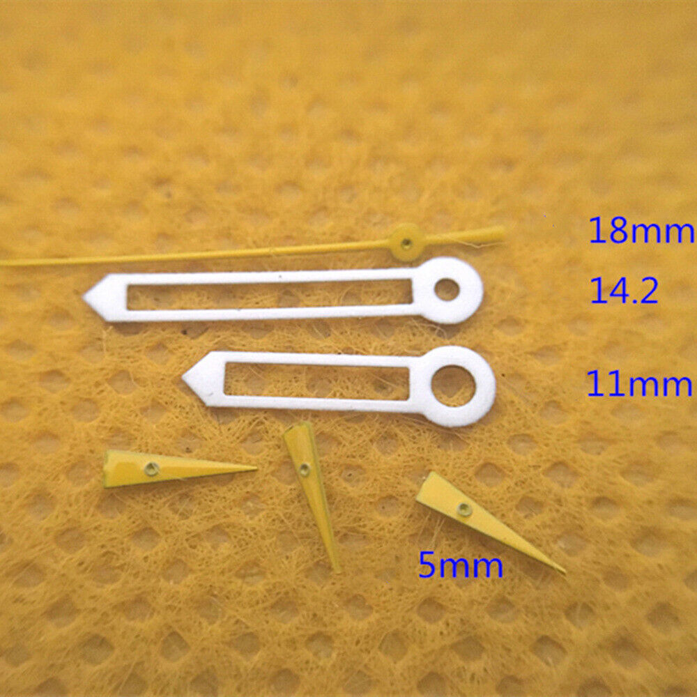 18mm yellow small second watch hands with white trim, fits ISA 8172 quartz for accurate timekeeping.