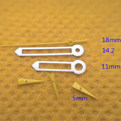 18mm yellow small second watch hands with white trim, fits ISA 8172 quartz for accurate timekeeping.