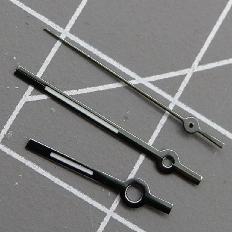 Set of 2 black lume trim watch hands, 13.5mm, compatible with Miyota 2315, 2035, 2036, 2115, 2305 movements.