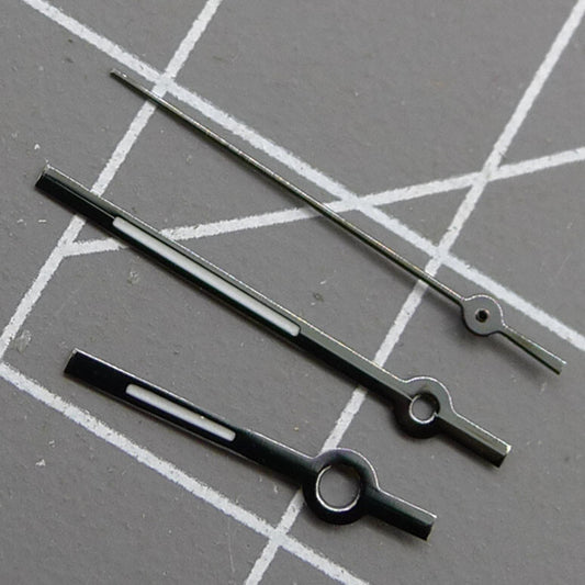 Set of 2 black lume trim watch hands, 13.5mm, compatible with Miyota 2315, 2035, 2036, 2115, 2305 movements.