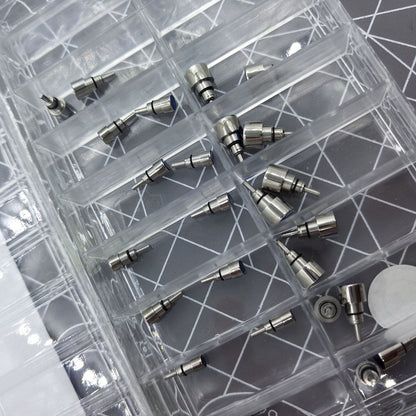 Classic stainless steel chronograph button set with 26 screw-in pushers for precise watch repair and customization.