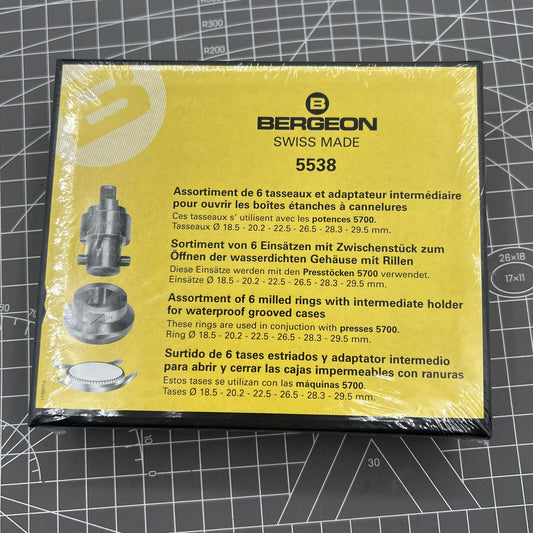 Bergeon 5538 six chucks with intermediate holder for waterproof grooved watch cases.