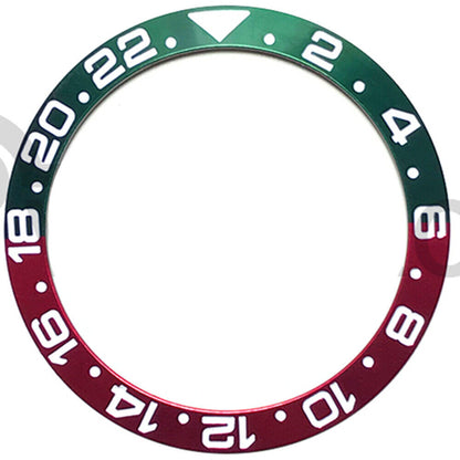 38mm green and red GMT bezel insert for RLX watch, aluminum alloy with precise numeral markings.