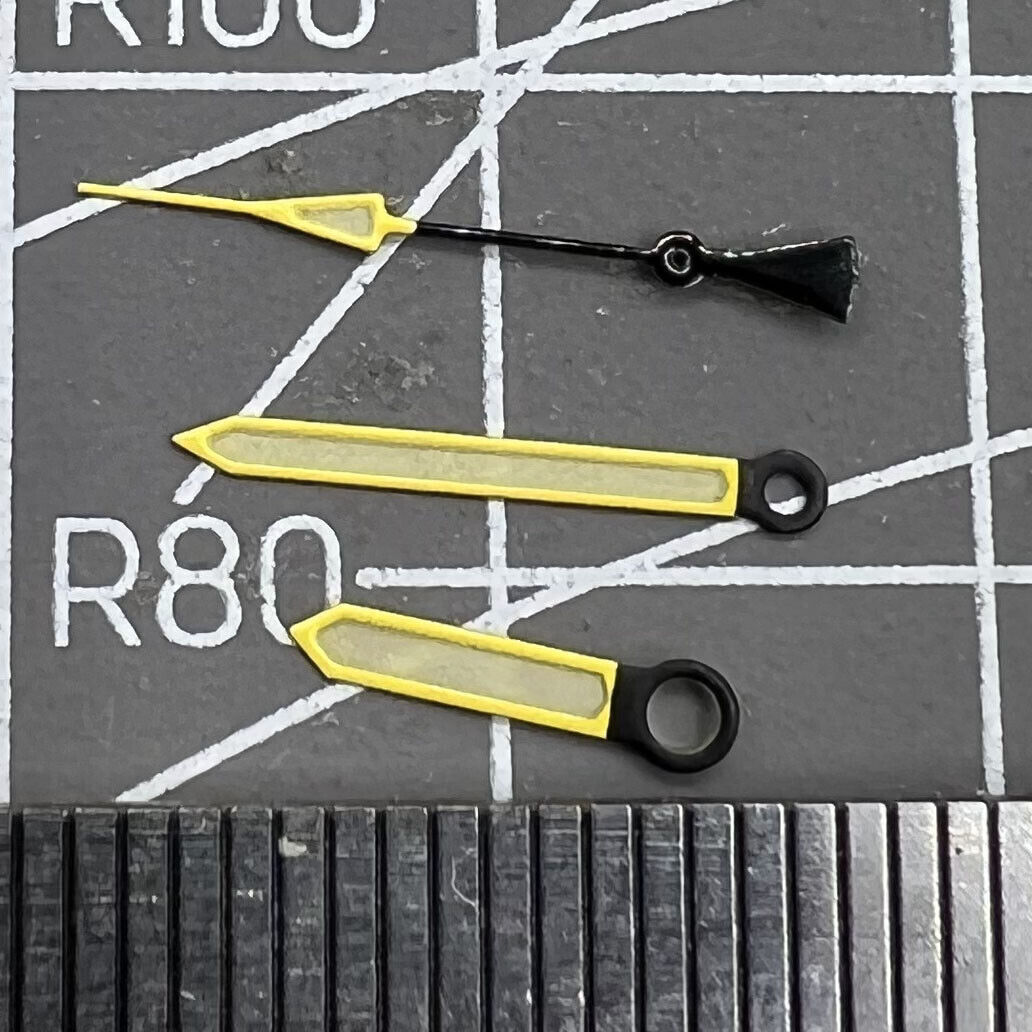 Yellow trimmed green luminous watch hands for NH35/NH36 movement, ideal for precise watch repair.