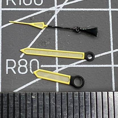 Yellow trimmed green luminous watch hands for NH35/NH36 movement, ideal for precise watch repair.