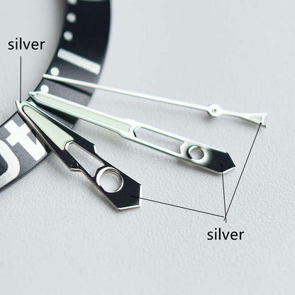 Silver-trimmed 13mm hollow green lume watch hands for NH35 NH36, boosting style and night visibility.
