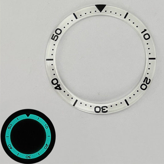 1. White C3/BGW9 luminous diving bezel insert in 40.3x32.8mm size with all-blue glow, perfect for watch customization.  