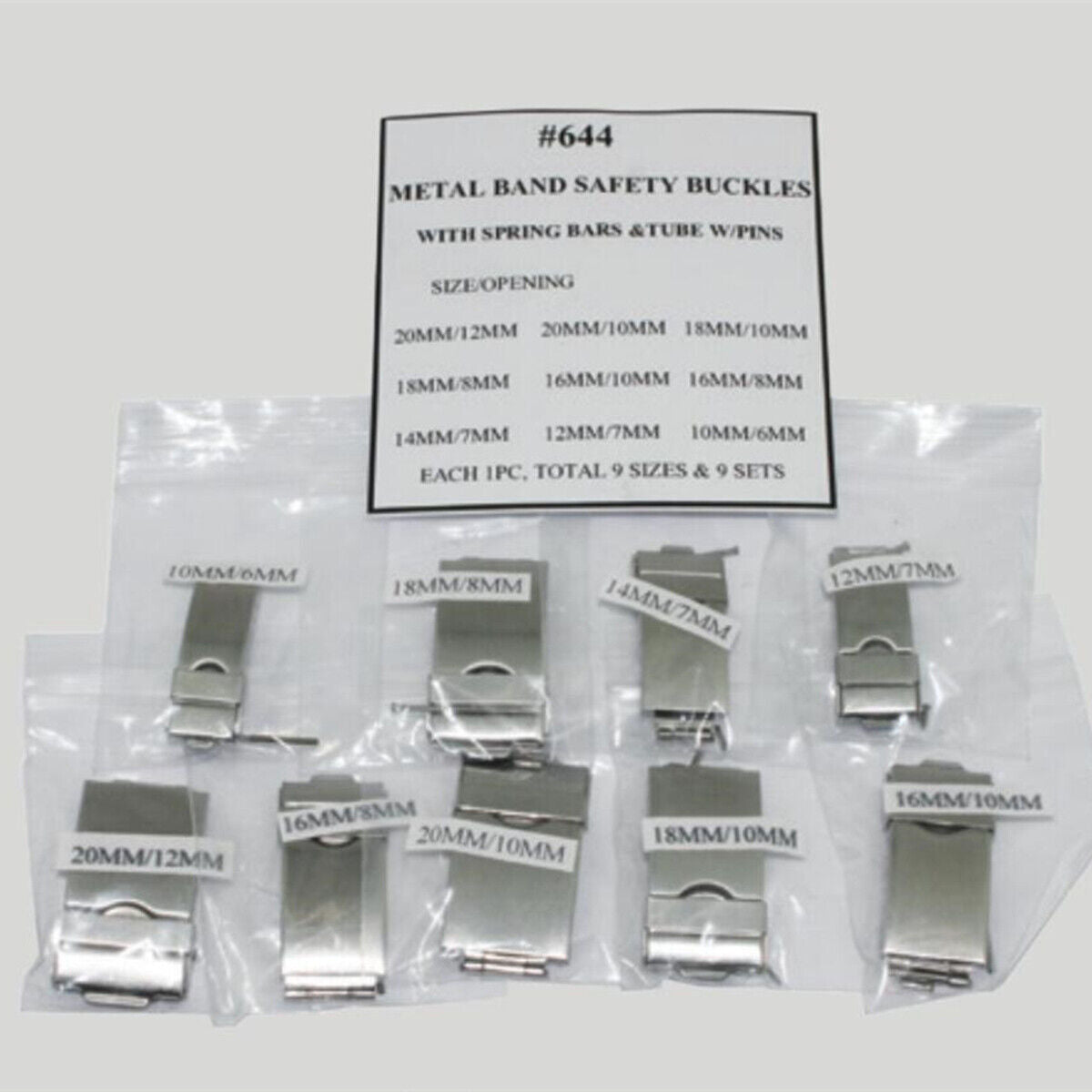 Set of 9 stainless steel watch metal bands with safety buckles, spring bars, and pins for secure fit.