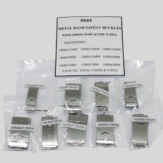 Set of 9 stainless steel watch metal bands with safety buckles, spring bars, and pins for secure fit.