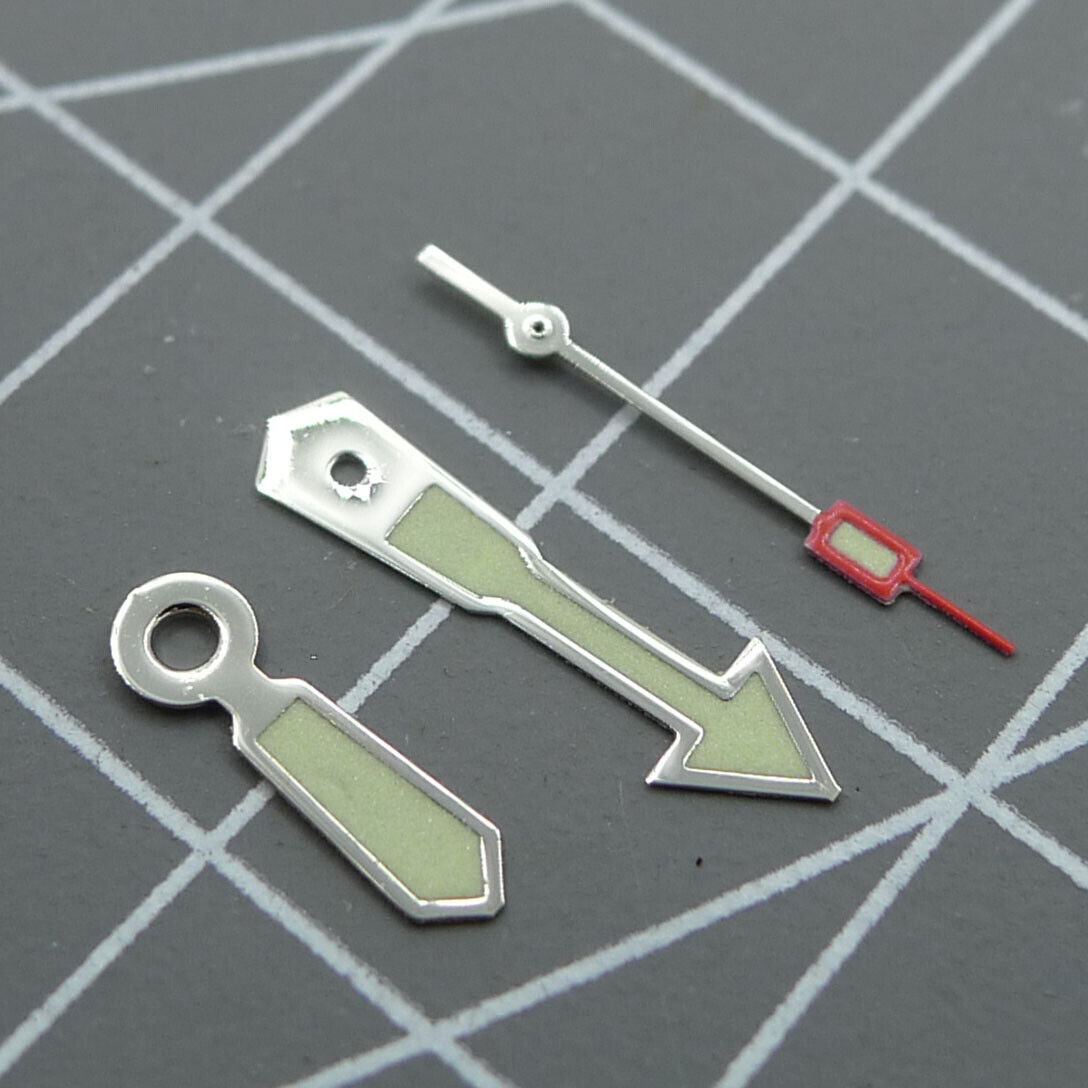 Arrow-shaped silver-trimmed green luminescent watch hand for Miyota 2035, ideal for precise time reading.