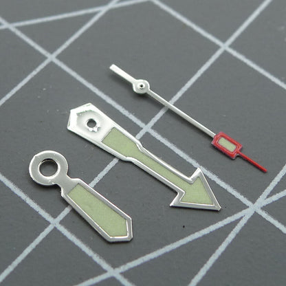 Arrow-shaped silver-trimmed green luminescent watch hand for Miyota 2035, ideal for precise time reading.