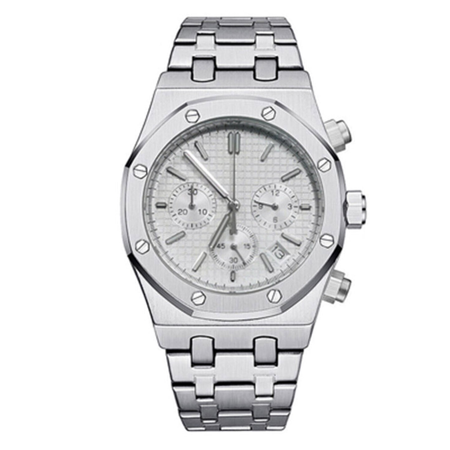 41MM stainless steel watch case and strap with VK63 movement and scratch-resistant sapphire glass.