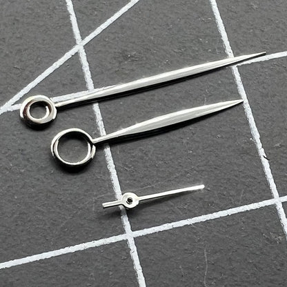Long polished silver watch hands for ST3600/ST3620/ETA6497/6498 movements, precision fit.