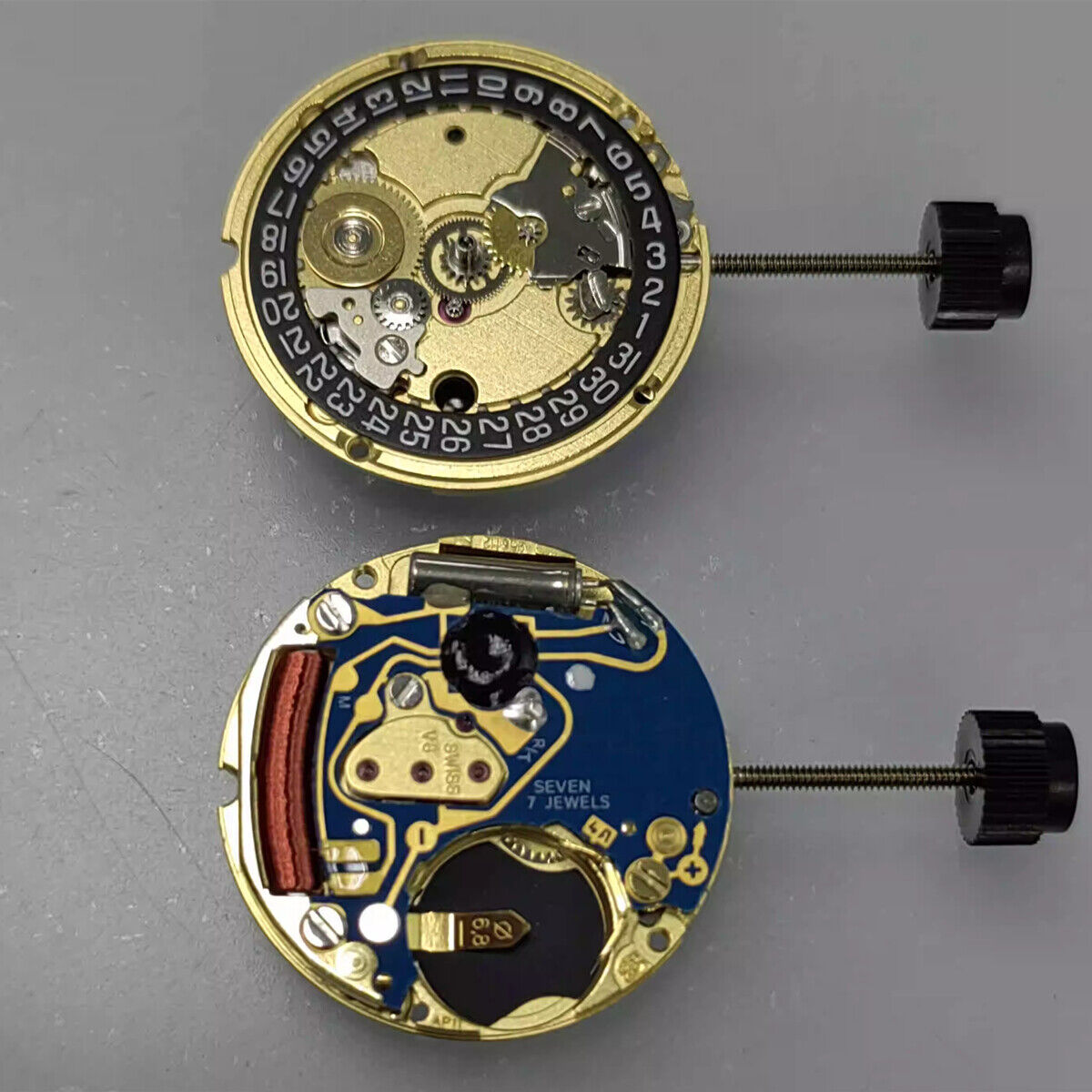 ETA 956.112 Swiss quartz movement with black date disk at 3 o'clock for precise timekeeping.