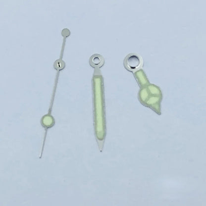 Green luminous watch hands with silver trim for NH35 NH36 movements, perfect for precise timekeeping.