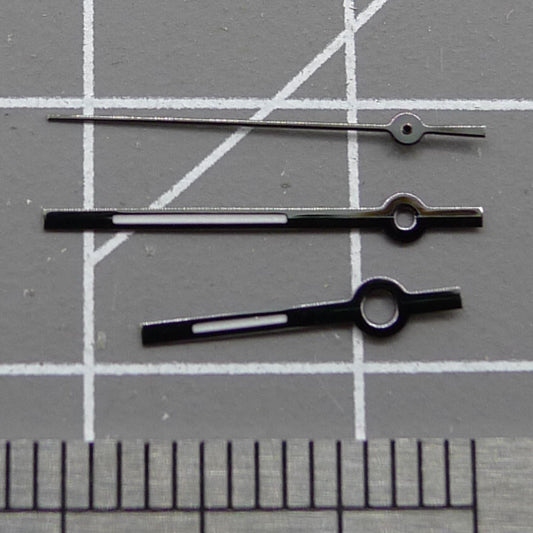 Set of 2 black lume trim watch hands, 13.5mm, compatible with Miyota 2315, 2035, 2036, 2115, 2305 movements.