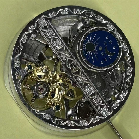 China-made hollow automatic mechanical watch part featuring moon phase at 12 o'clock, ideal for watch accessories.