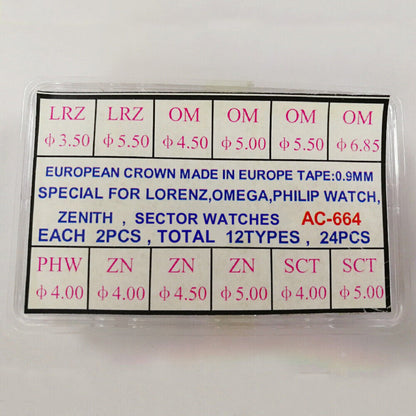 1. Set of 24 European watch crowns for Lorenz, Omega, and Philip watch models.  