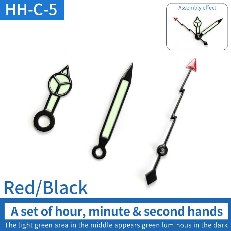 Green luminous watch hands set with pins for SKX007/009 NH35 movement, enhancing dial visibility.