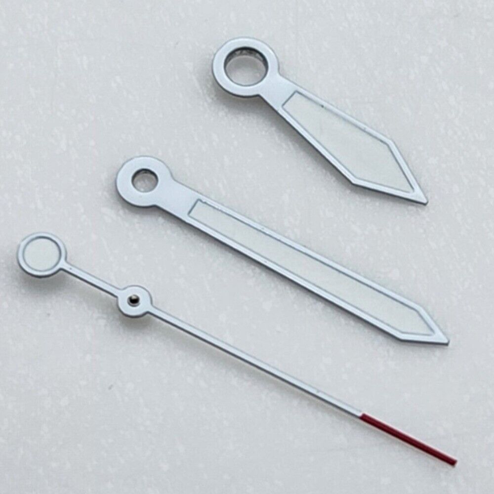 White-trimmed arrow-shaped watch hands with green lume and red tips, compatible with NH35 NH36 movements.