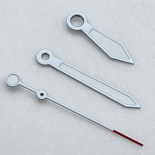 White-trimmed arrow-shaped watch hands with green lume and red tips, compatible with NH35 NH36 movements.